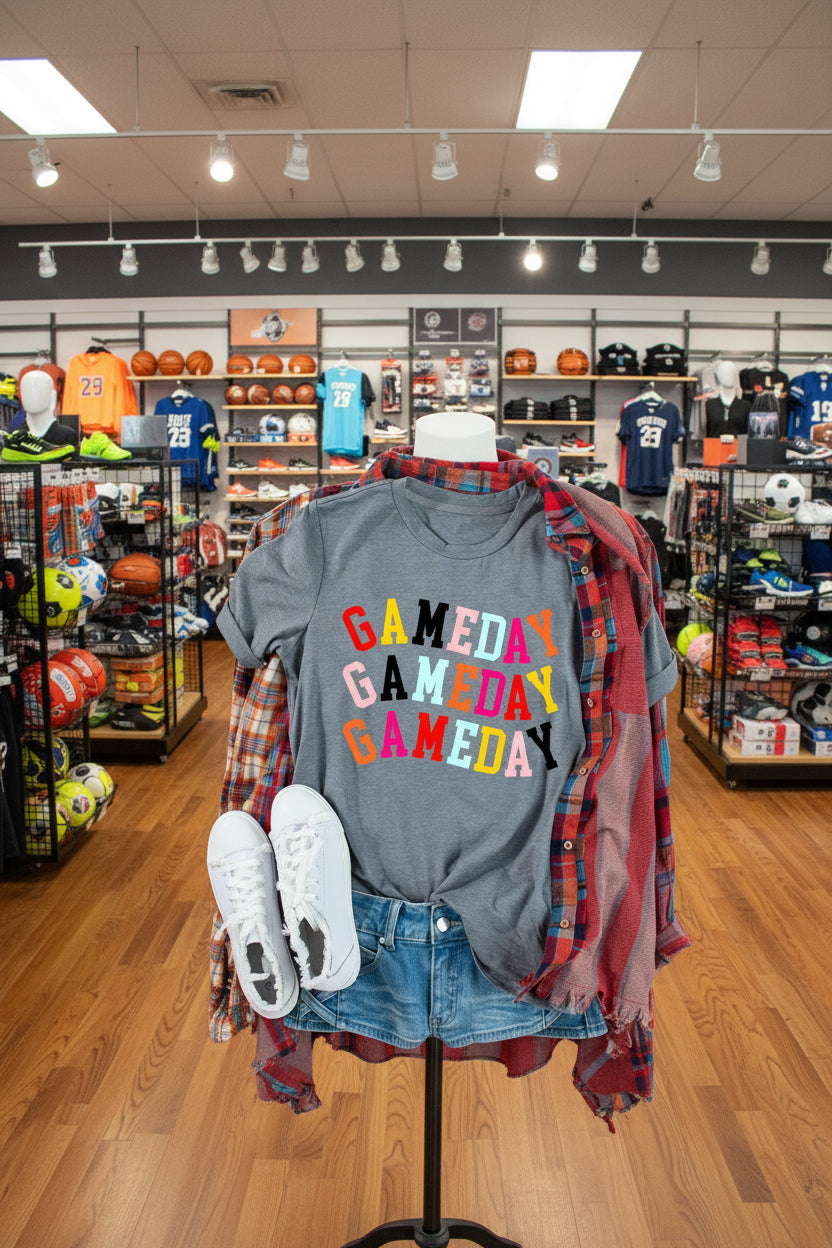 Gray Colorful GAME DAY Graphic Crew T Shirt