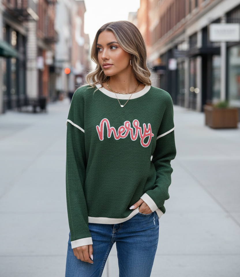 Knit Long Sleeve Top With Four Leaf Clover Patch And Contrast Trim Luxe Knit Collection Limited Edition