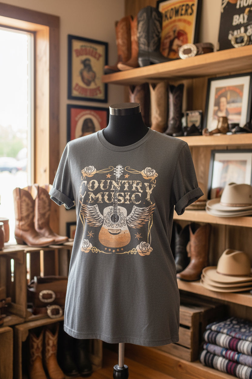Gray COUNTRY MUSIC Guitar Graphic Print Crew Neck T Shirt