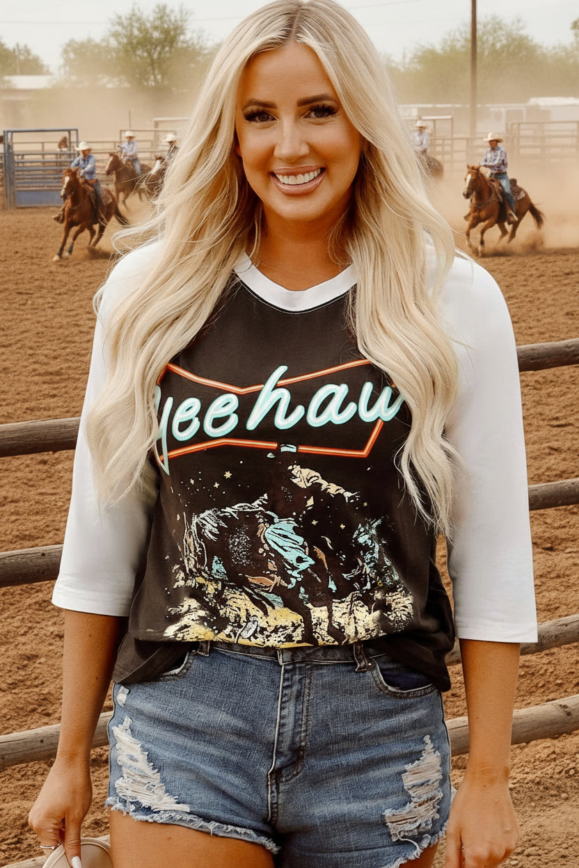 Brown Western Yeehaw Graphic Vintage Raglan Long Sleeve Top