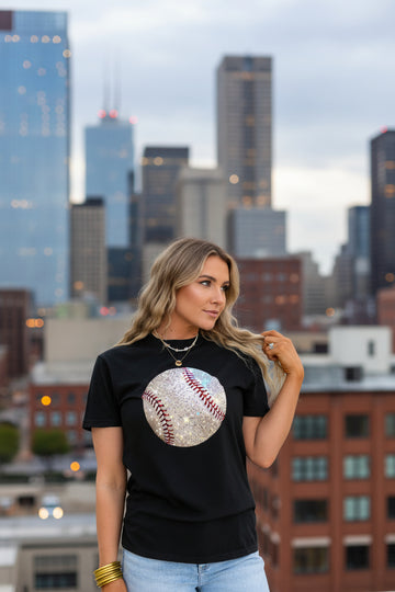 Black Heat Transfer Baseball Print Cotton Blend T Shirt