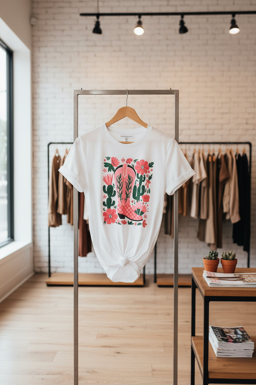 White Western Boots Flower Print Round Neck T Shirt
