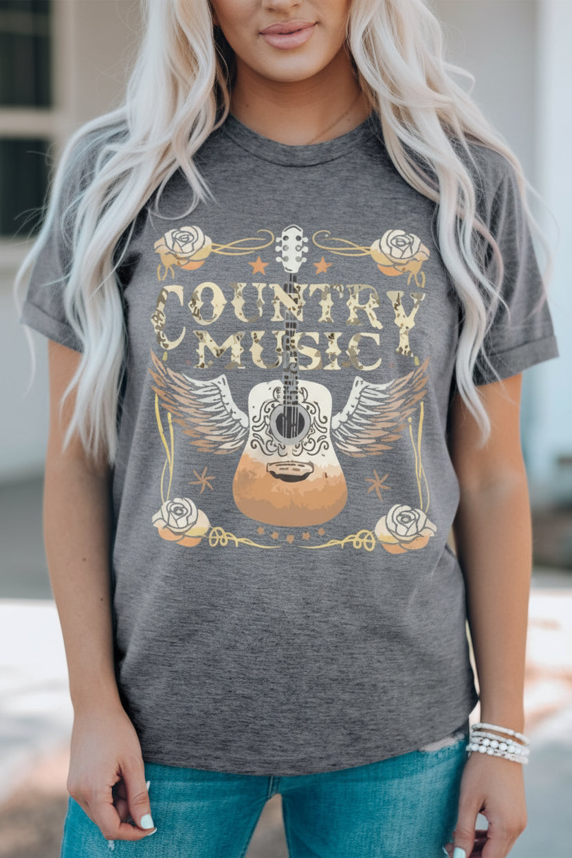 Gray COUNTRY MUSIC Guitar Graphic Print Crew Neck T Shirt
