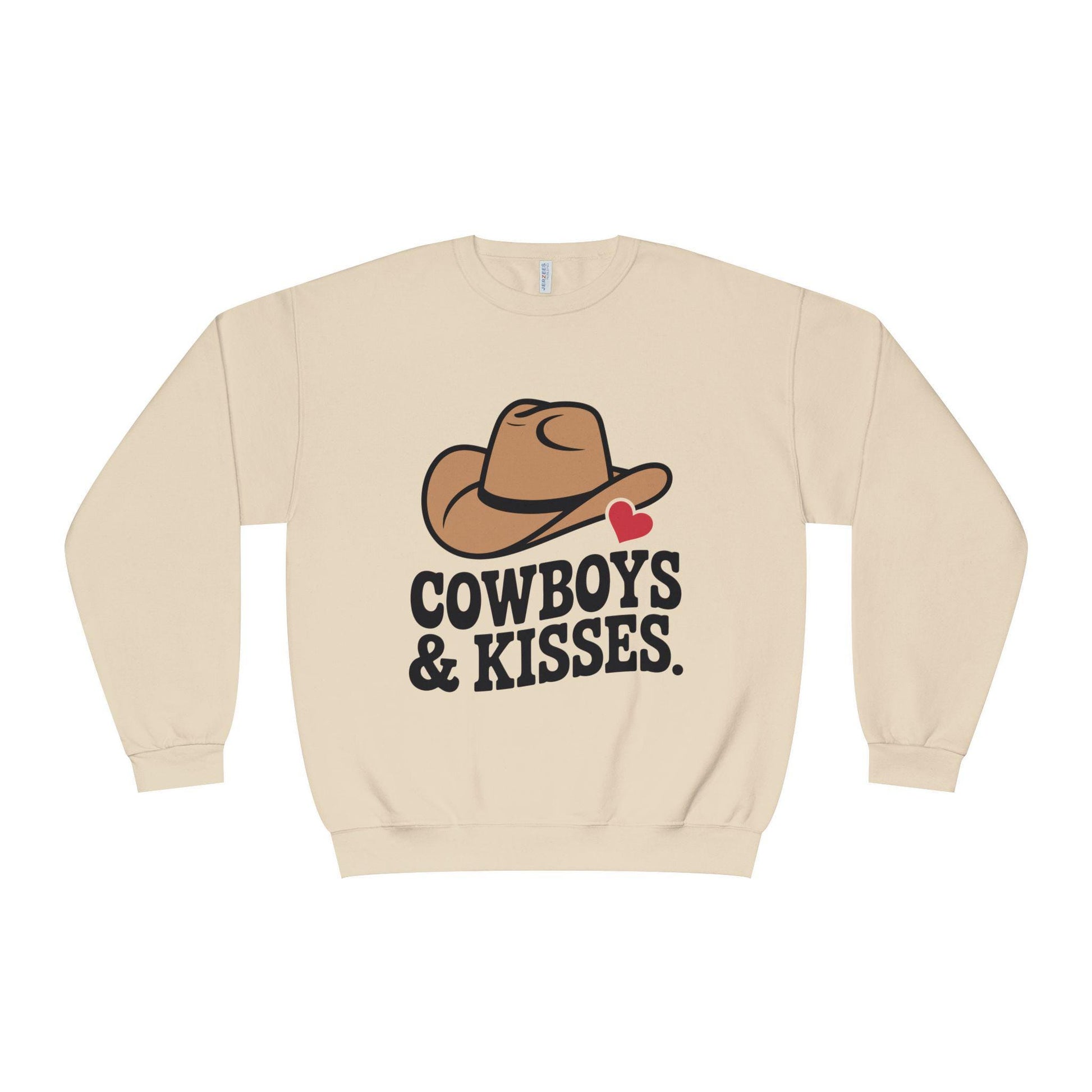 Beige sweatshirt with a cowboy hat graphic, red heart, and “COWBOYS & KISSES” text.