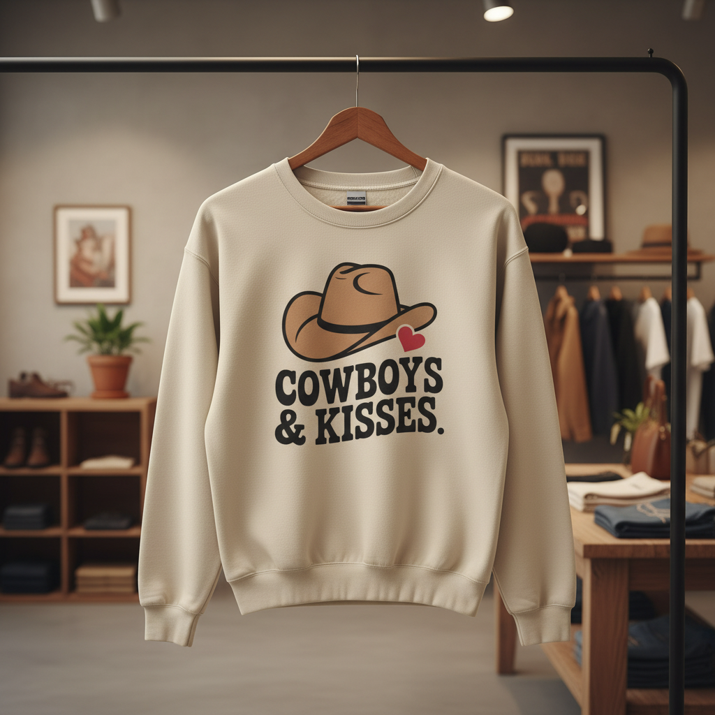 Beige Cowboys & Kisses sweatshirt featuring a cowboy hat with a red heart graphic.