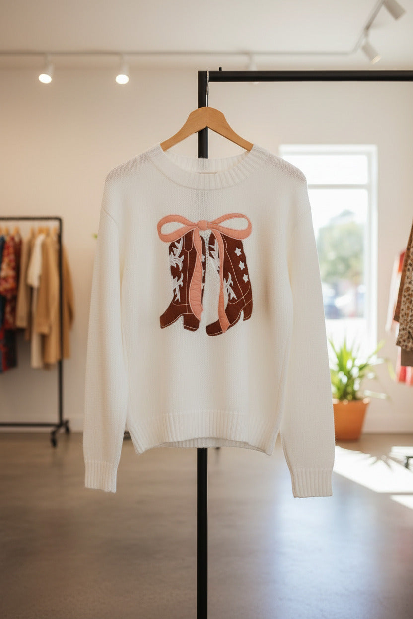 White Embroidered Bow Boots Graphic Drop Shoulder Sweater Fine Knit Collection Limited Edition