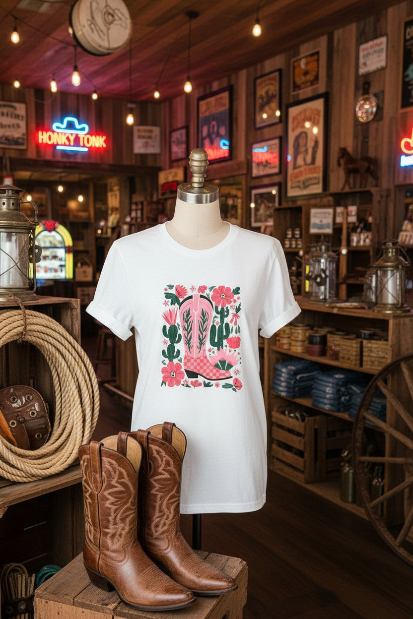 White Western Boots Flower Print Round Neck T Shirt