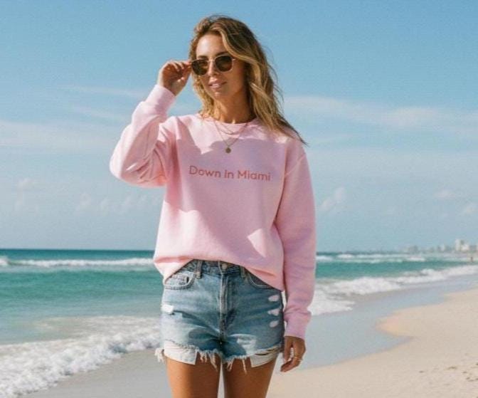 Miami Vibe Embroidered Sweatshirt Crewneck Cotton-Poly Fleece Midweight Exclusive