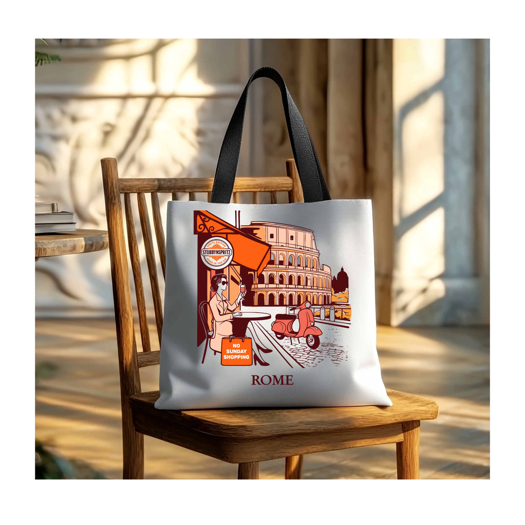 Travel Tote Bag Italian Cafe Scene Collection Durable Polyester Exterior Limited Edition