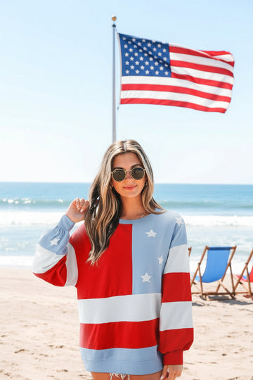 Multicolour American Flag Vintage Oversized Pullover Sweatshirt