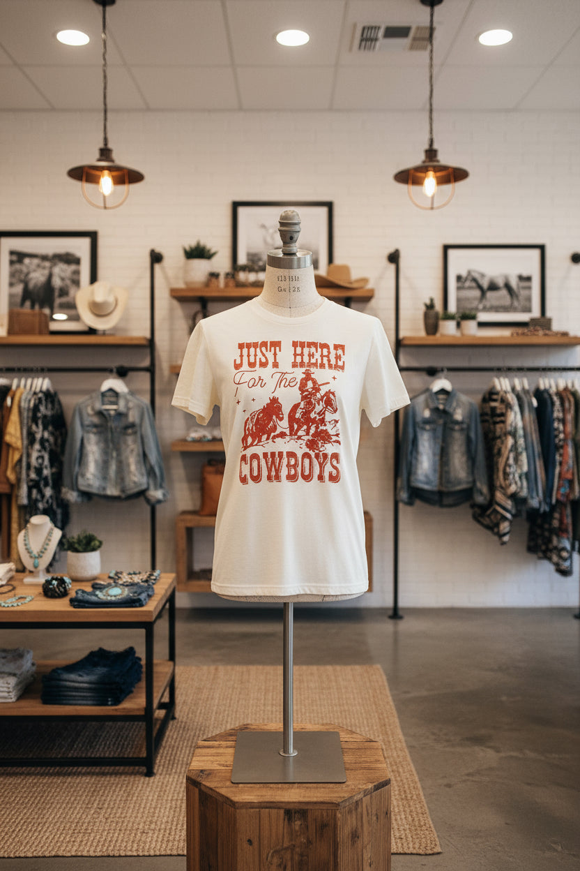 White JUST HERE For THE COWBOY Cuffed Sleeve Crew Neck T Shirt