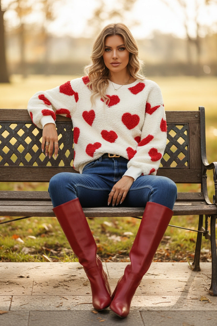Fiery Red Heart Shape Drop Shoulder Plush Sweatshirt worn by model, paired with jeans and red knee-high boots.