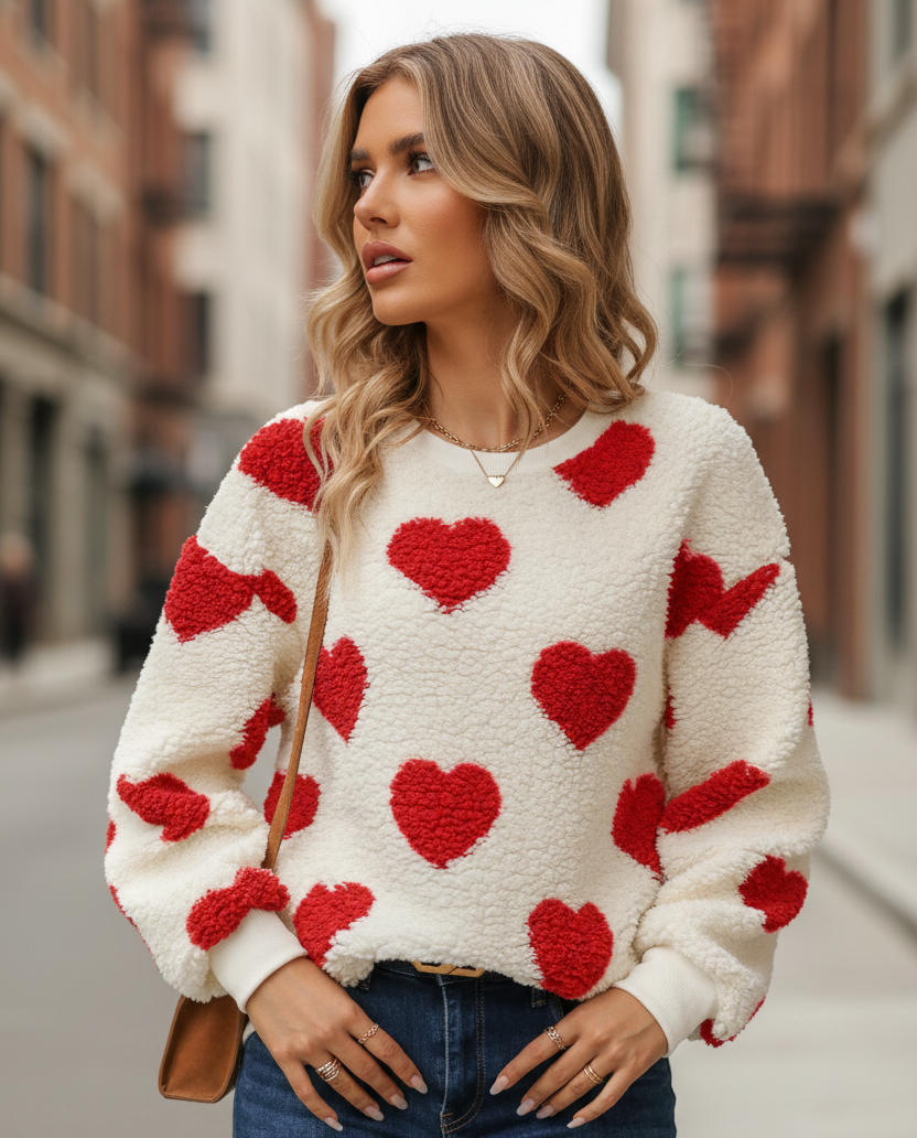 Model wearing a white fleece plush sweatshirt with red heart patches, drop-shoulder crewneck, cozy.