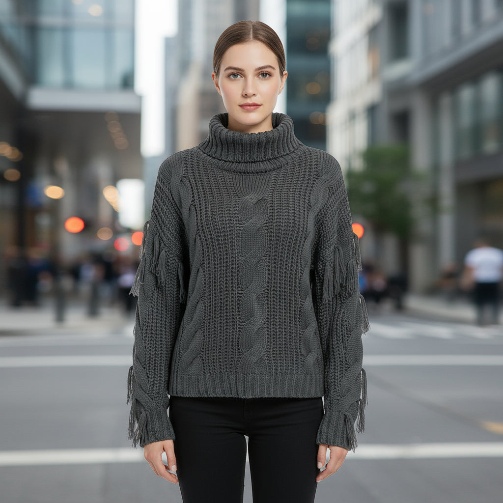 Fashionable Knit Sweater with Fringe - Women's High Neck
