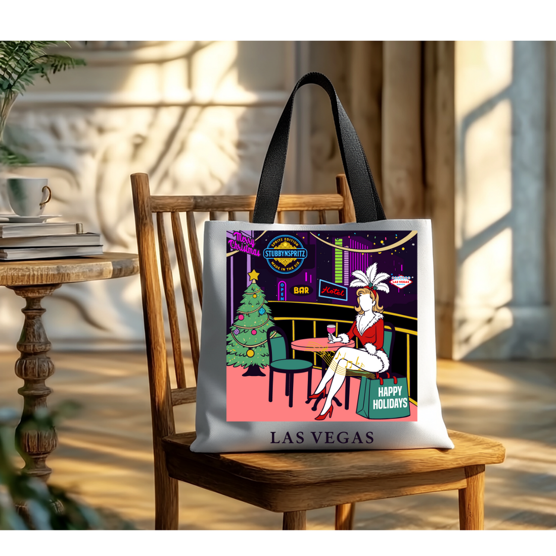 Las Vegas Showgirl tote bag with Vegas background