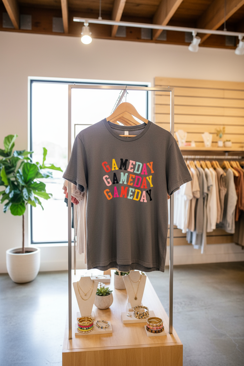 Gray Colorful GAME DAY Graphic Crew T Shirt