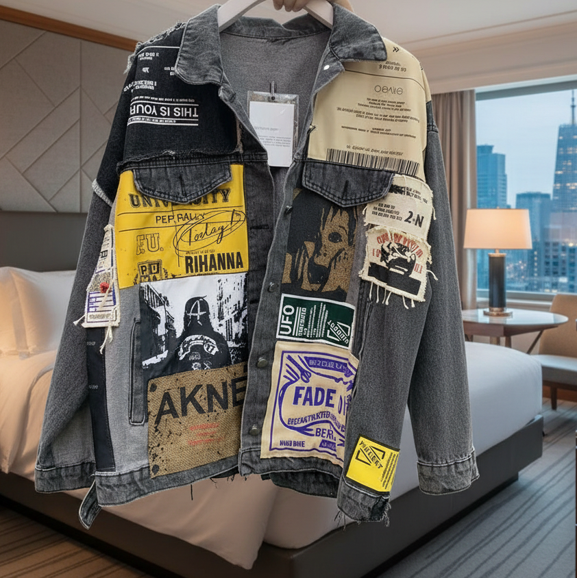 Vintage Retro Patchwork Denim Jacket Cotton Luxury Collection Exclusive Design Elements