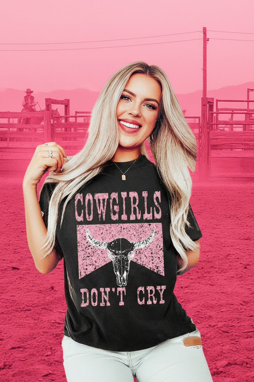 Black COWGIRL DONT CRY Steer Head Print Short Sleeve Top