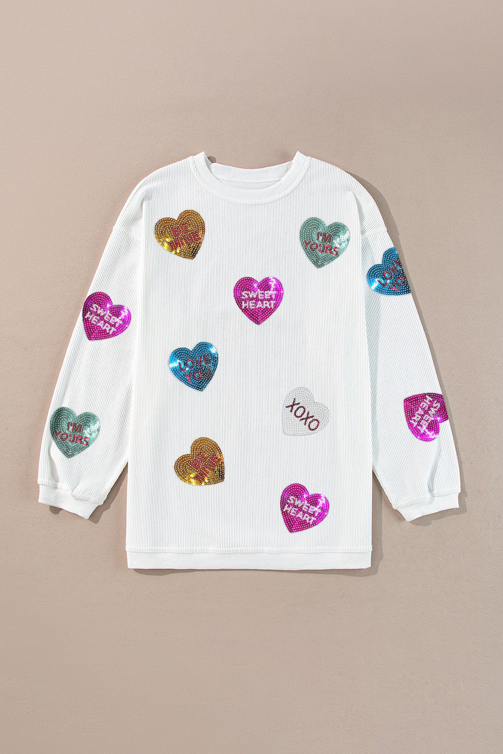 White Valentines Slogan Heart Sequin Corded Earrings Baggy Sweatshirt