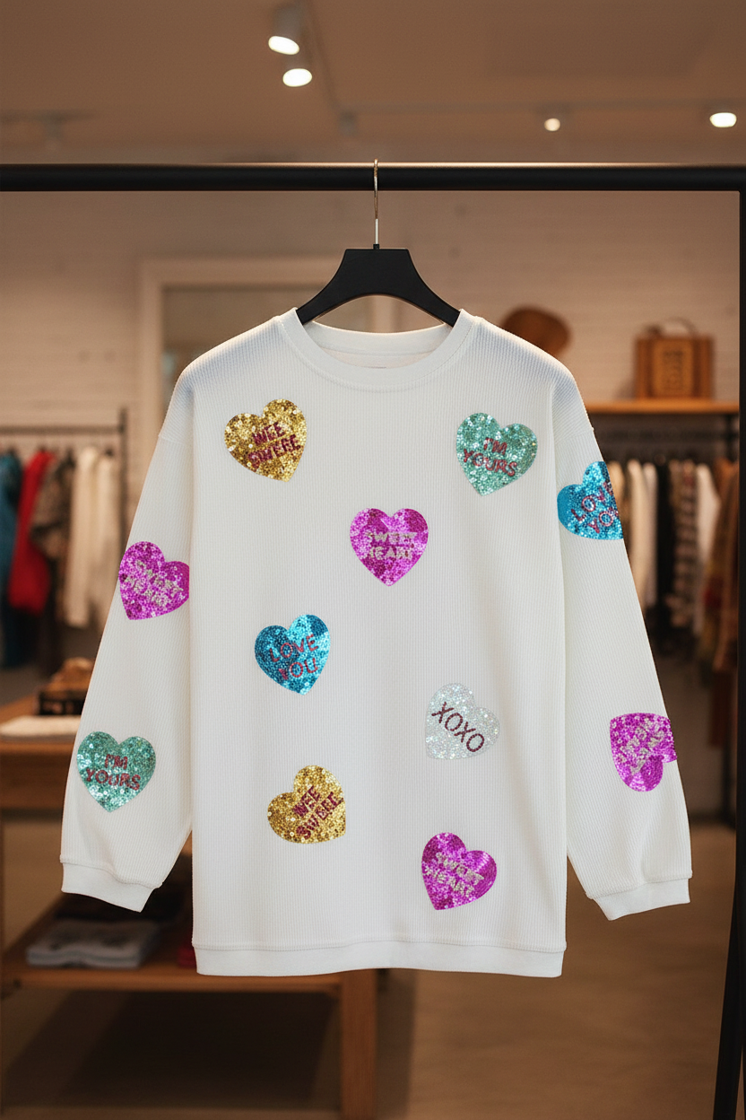 White Valentines Slogan Heart Sequin Corded Earrings Baggy Sweatshirt