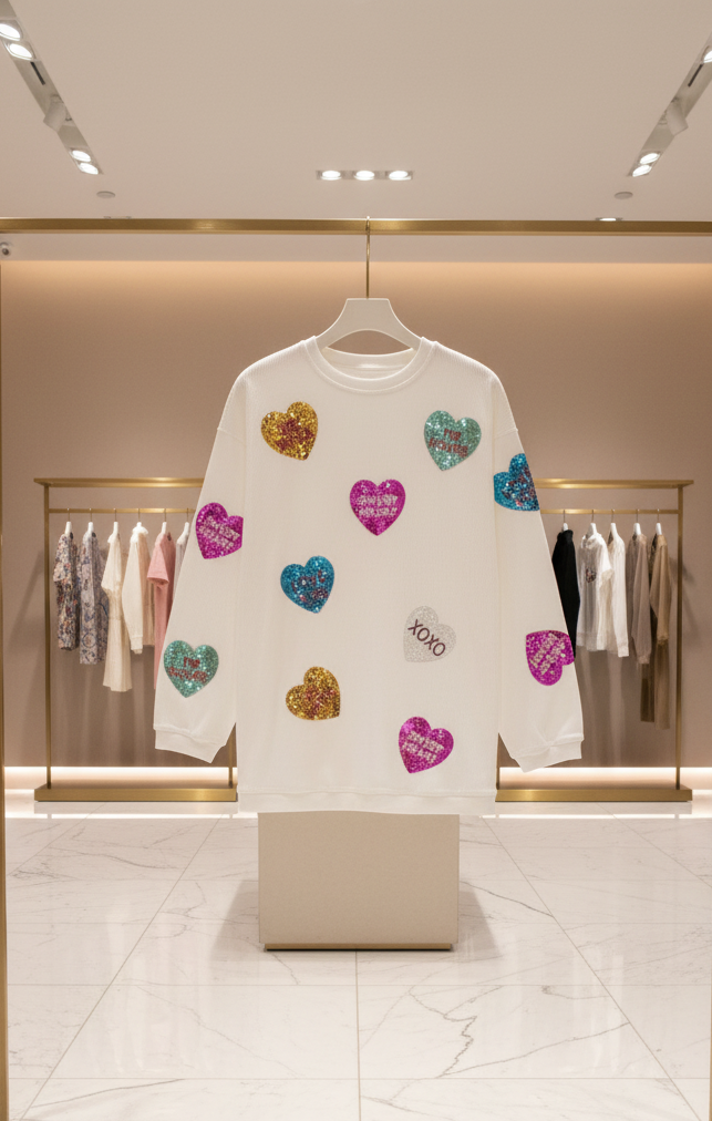 White Valentines Slogan Heart Sequin Corded Earrings Baggy Sweatshirt