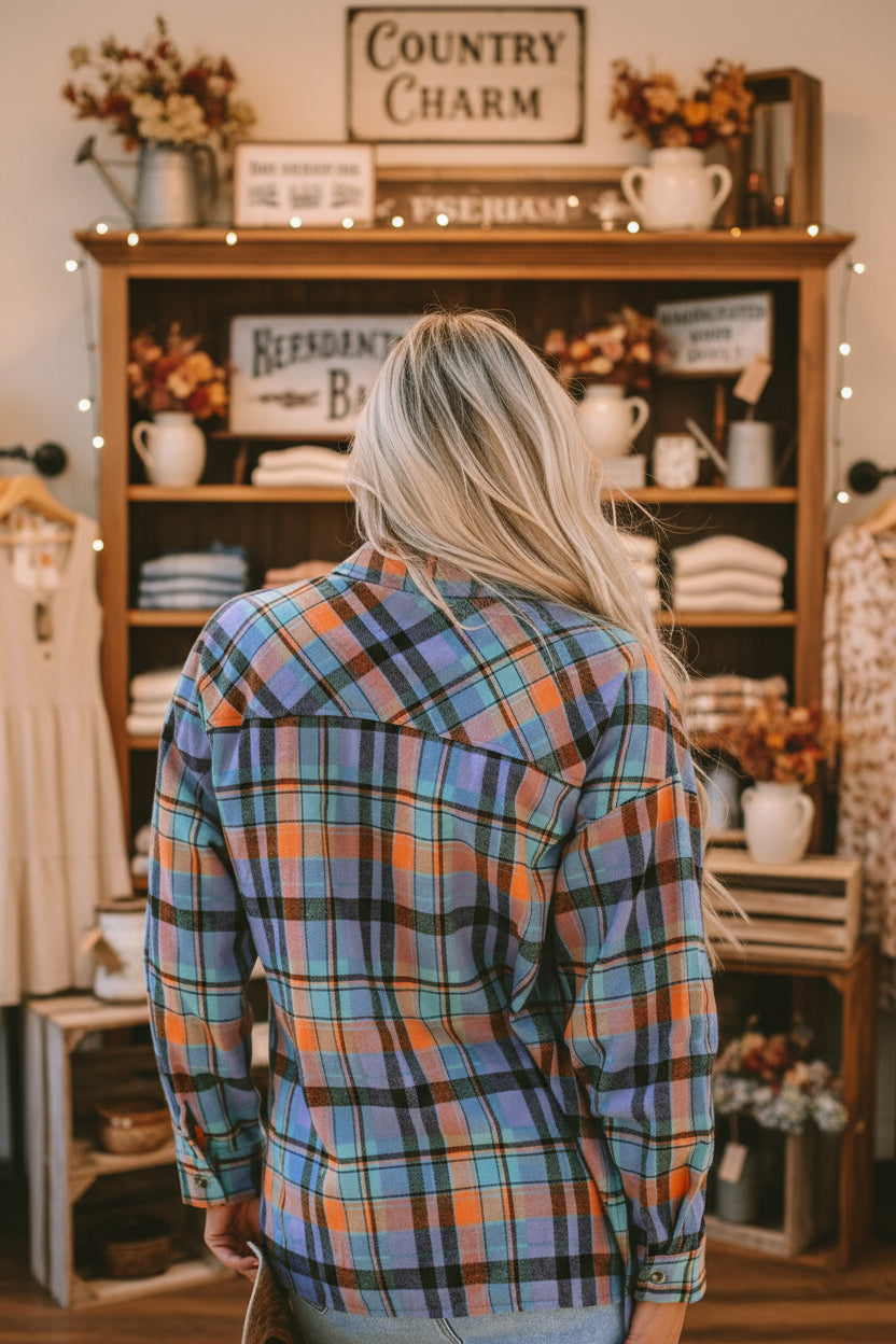 Orange Plaid Print Loose Vintage Shirt