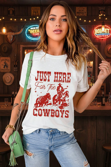 White JUST HERE For THE COWBOY Cuffed Sleeve Crew Neck T Shirt