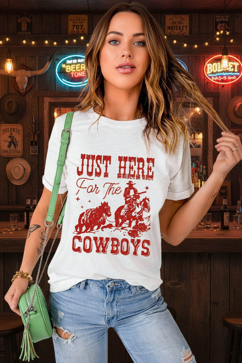 White JUST HERE For THE COWBOY Cuffed Sleeve Crew Neck T Shirt