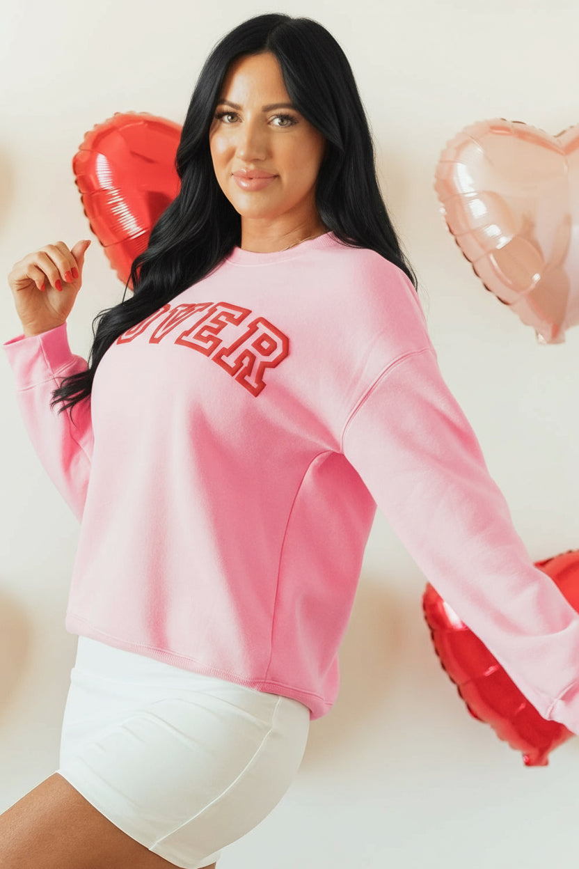 Pink LOVER Puff Print Drop Shoulder Pullover Sweatshirt