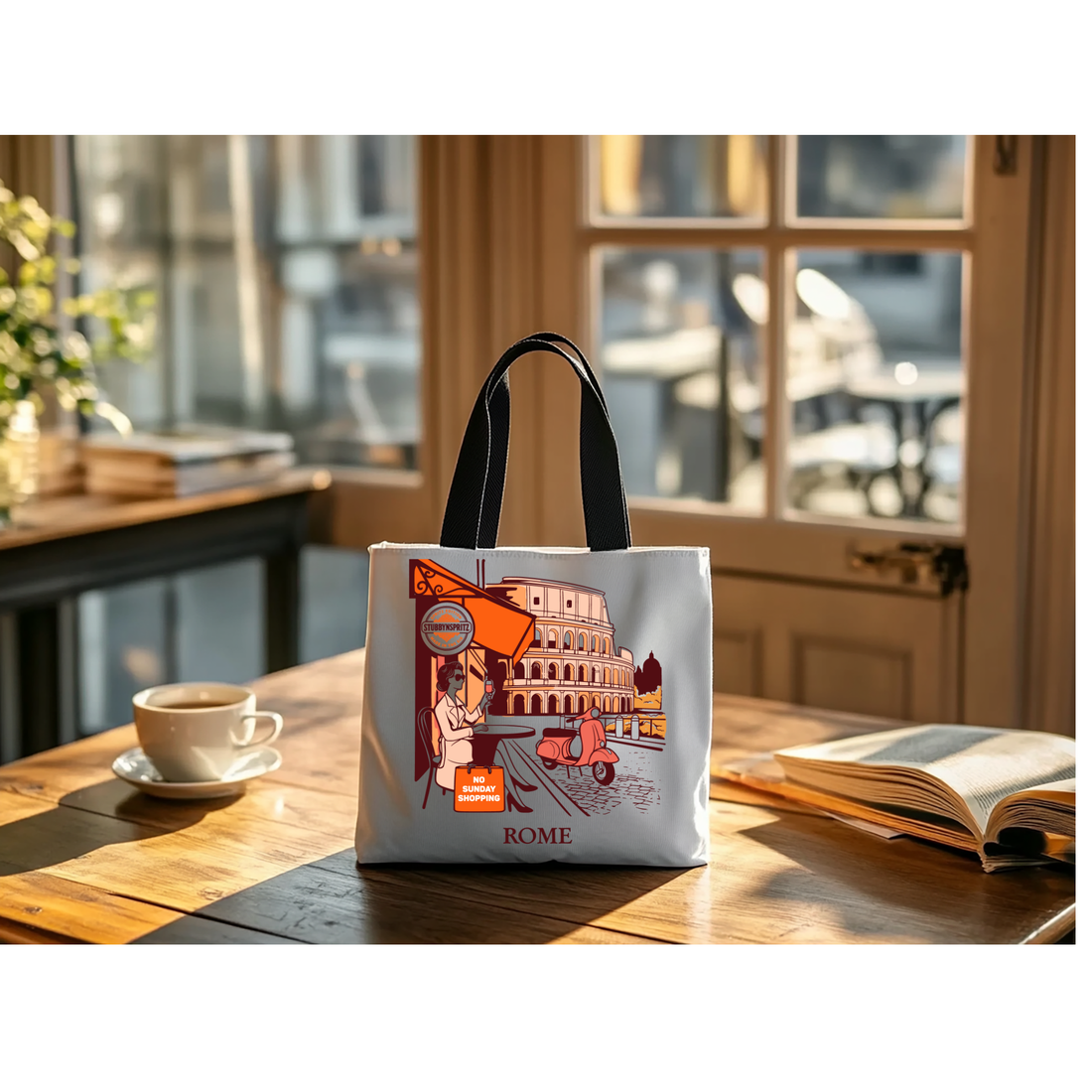 Travel Tote Bag Italian Cafe Scene Collection Durable Polyester Exterior Limited Edition