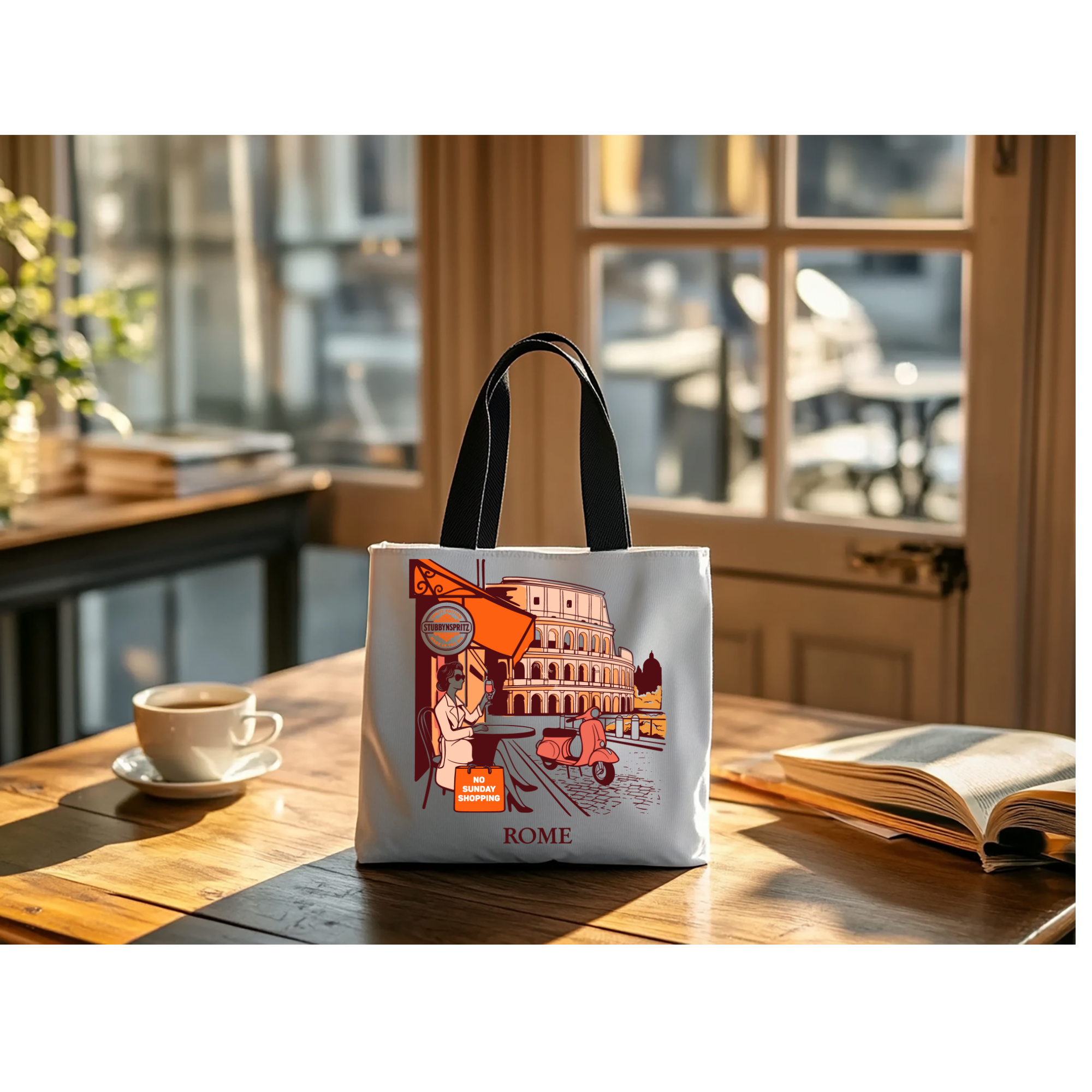 Travel Tote Bag Italian Cafe Scene Collection Durable Polyester Exterior Limited Edition