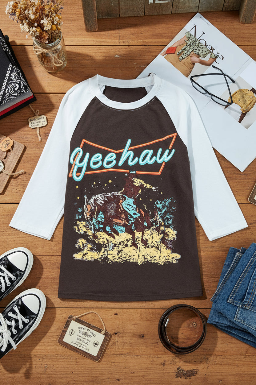 Brown Western Yeehaw Graphic Vintage Raglan Long Sleeve Top