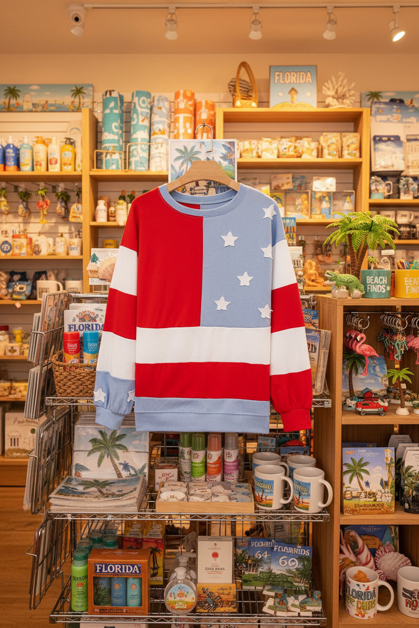 Multicolour American Flag Vintage Oversized Pullover Sweatshirt