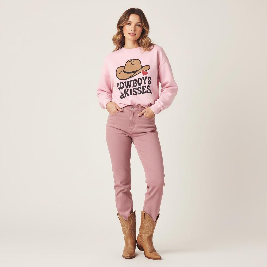 Cowboys And Kisses Sweatshirt With Cowboy Hat Heart Graphic in pink, paired with pink jeans and brown cowboy boots.