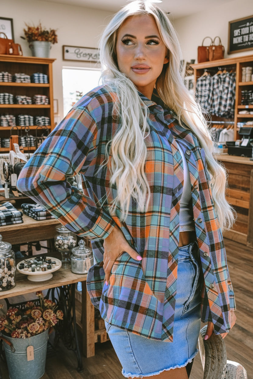 Orange Plaid Print Loose Vintage Shirt