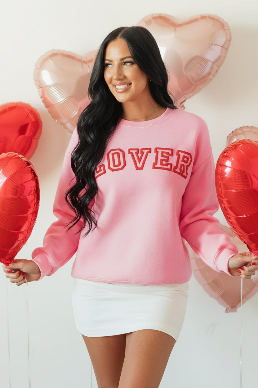 Pink LOVER Puff Print Drop Shoulder Pullover Sweatshirt
