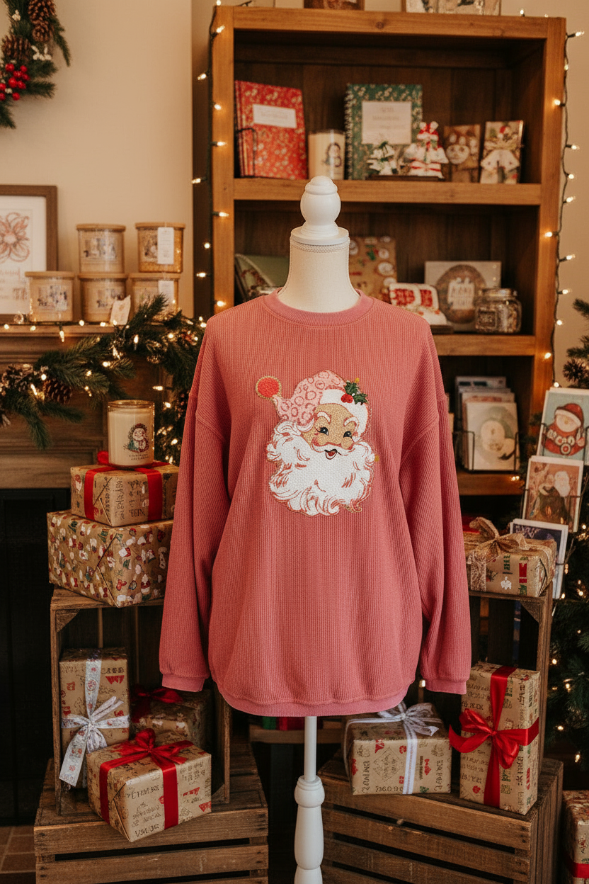 Pink Corded Crew Neck Sweatshirt In Soft Cotton Blend Luxe Collection Limited Edition