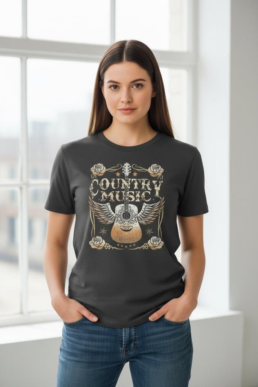 Gray COUNTRY MUSIC Guitar Graphic Print Crew Neck T Shirt