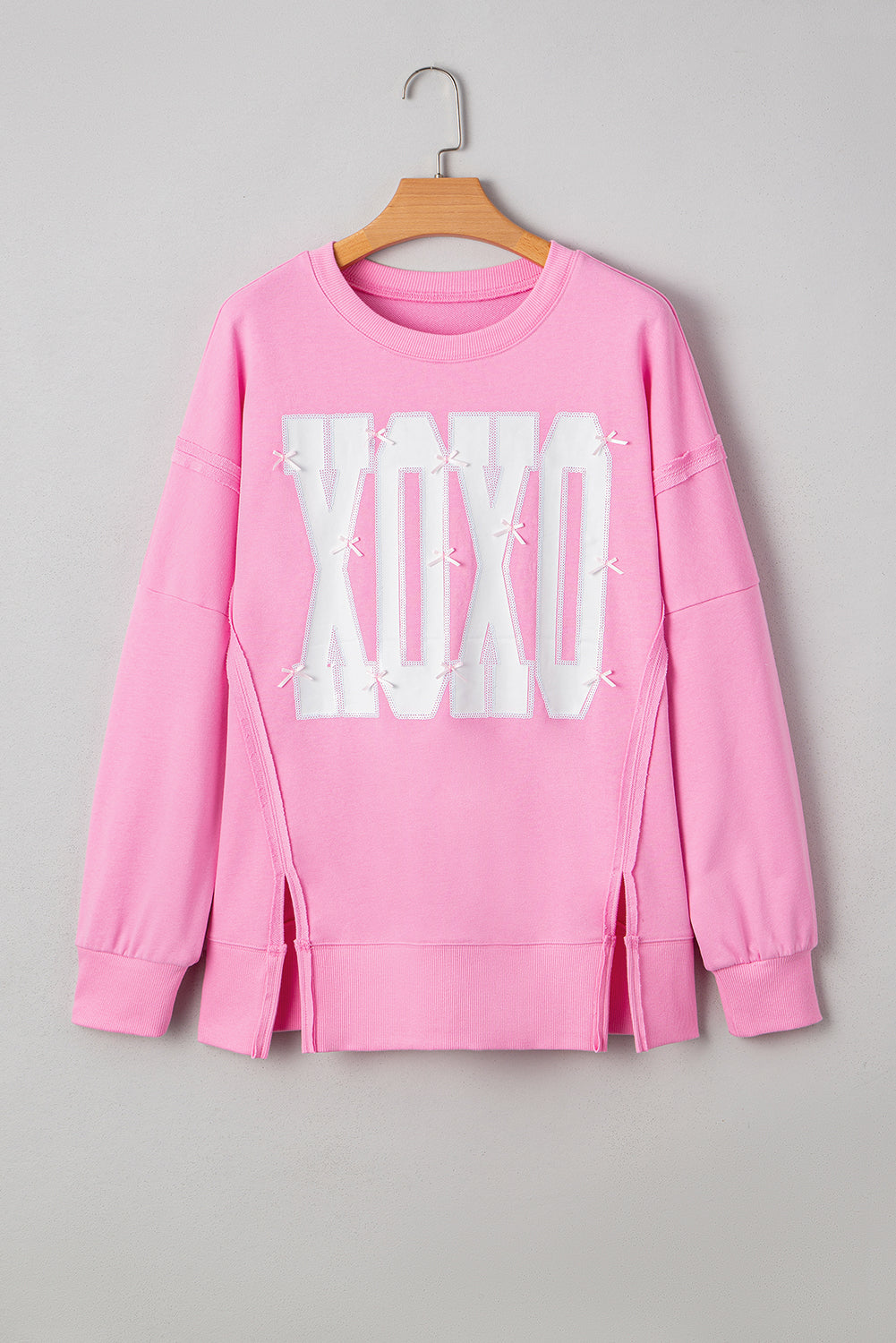 ChicNova Pink Bow Sequin XOXO Letter Graphic Exposed Seam Sweatshirt - Baggy Fit