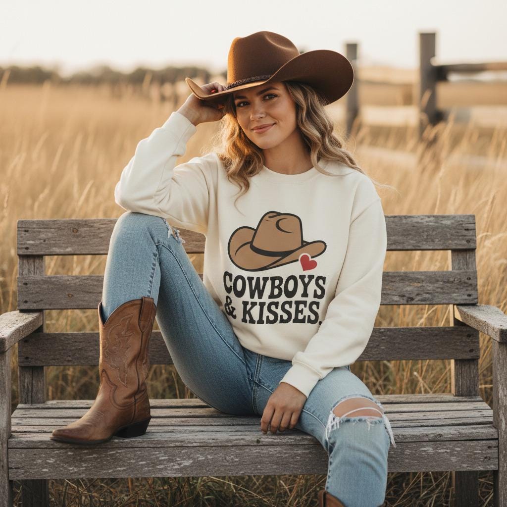 Cowboys And Kisses sweatshirt with cowboy hat heart graphic on cream fleece, worn by a woman on a bench in a field.