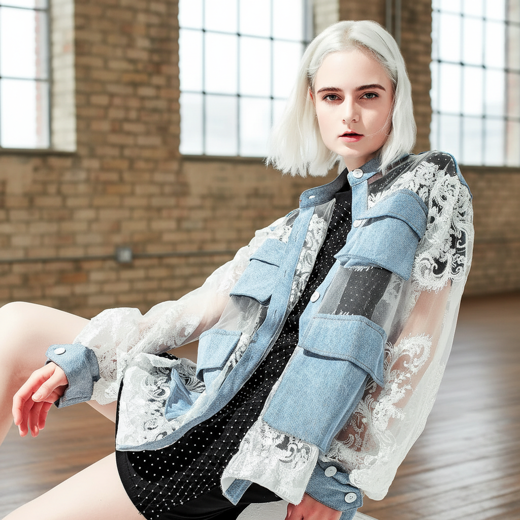 Denim Jacket With Lace Trim Exclusive Edition Oversized Timeless Allure Collection