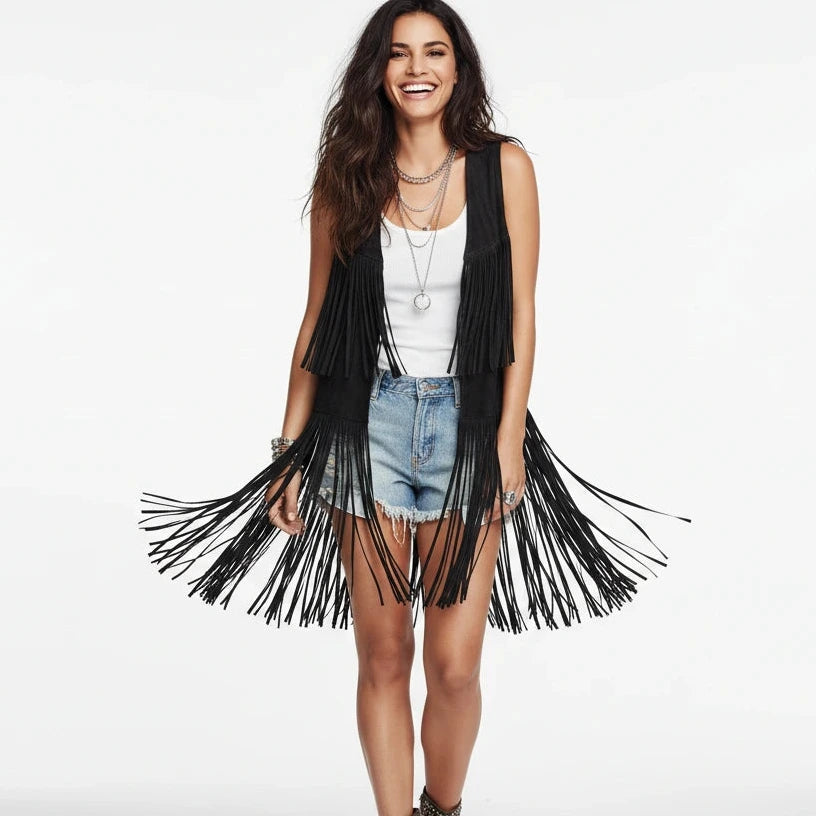 Fringe Polyester Vest Coat For Women Mid Length With Fringe Detailing Limited Edition