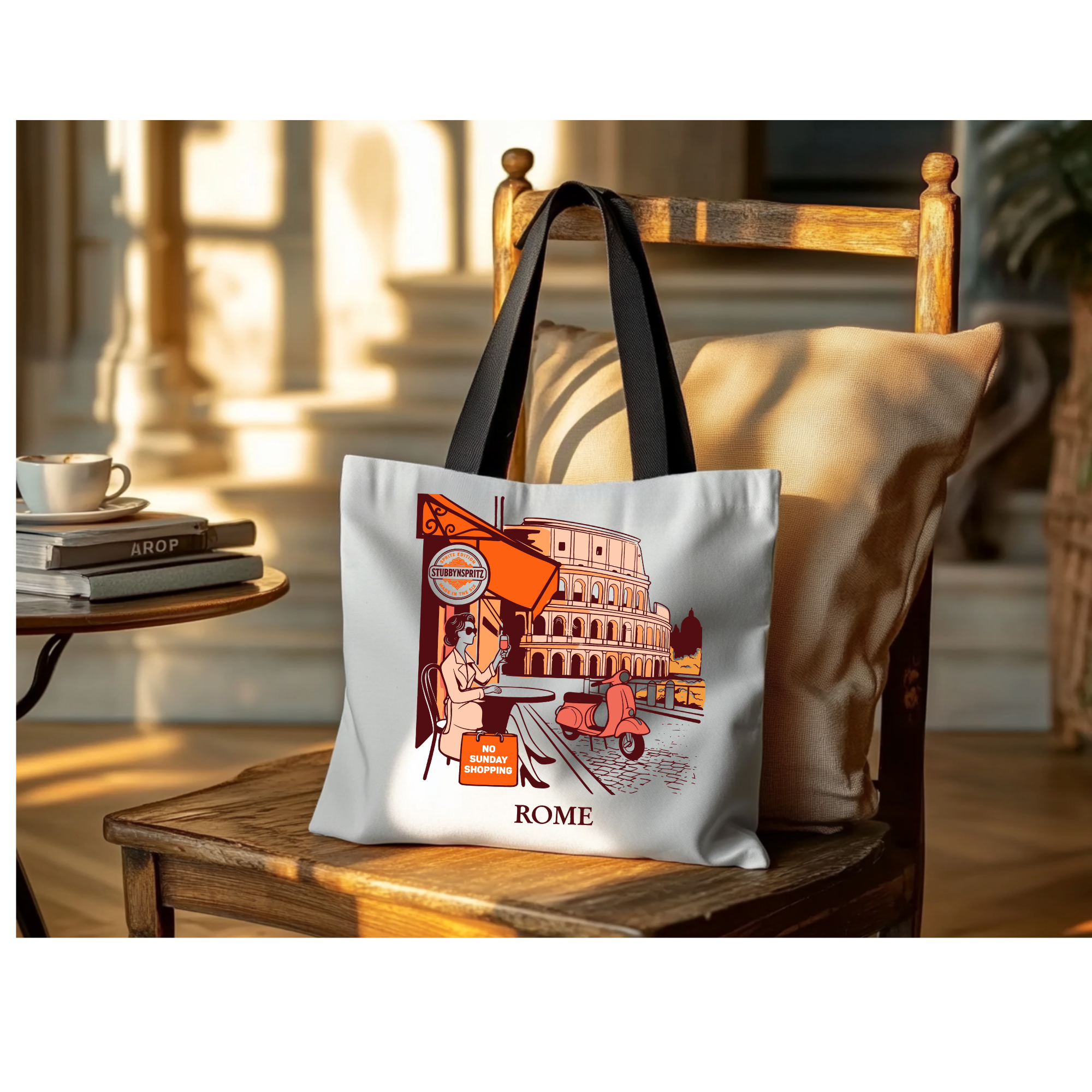 Travel Tote Bag Italian Cafe Scene Collection Durable Polyester Exterior Limited Edition