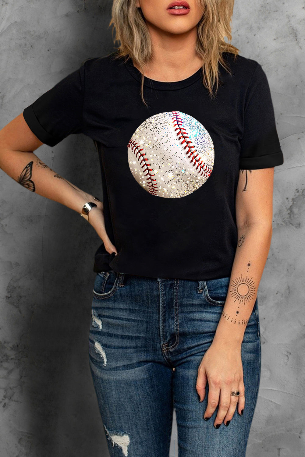 Black Heat Transfer Baseball Print Cotton Blend T Shirt