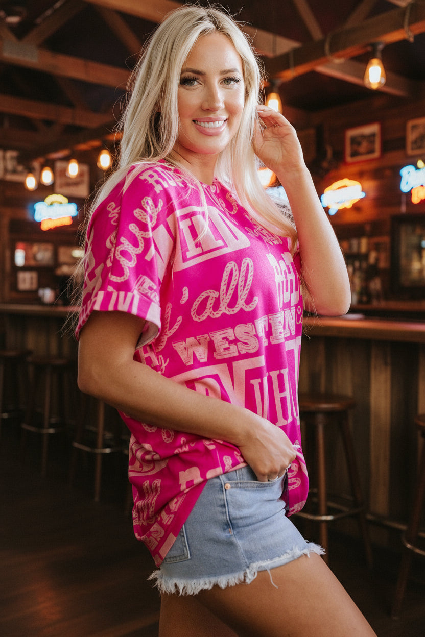 Rose Howdy Cowboy Letter Printed Western Fashion Tee