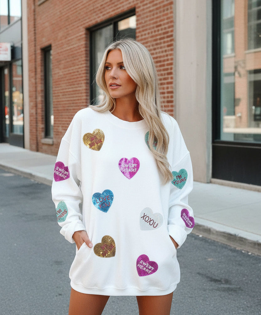 White Valentines Slogan Heart Sequin Corded Earrings Baggy Sweatshirt