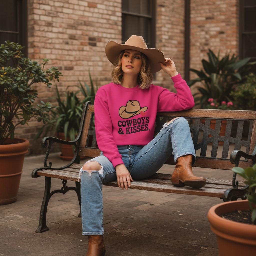 Woman wearing Cowboys And Kisses Sweatshirt With Cowboy Hat Heart Graphic, sitting on a bench in jeans and brown boots.
