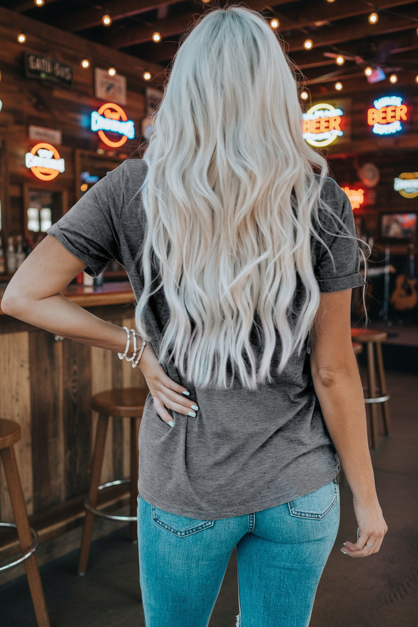 Gray COUNTRY MUSIC Guitar Graphic Print Crew Neck T Shirt