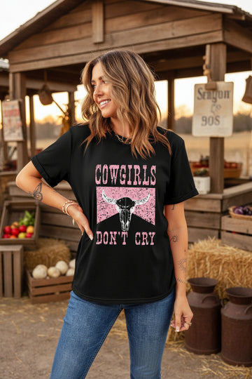 Black COWGIRL DONT CRY Steer Head Print Short Sleeve Top