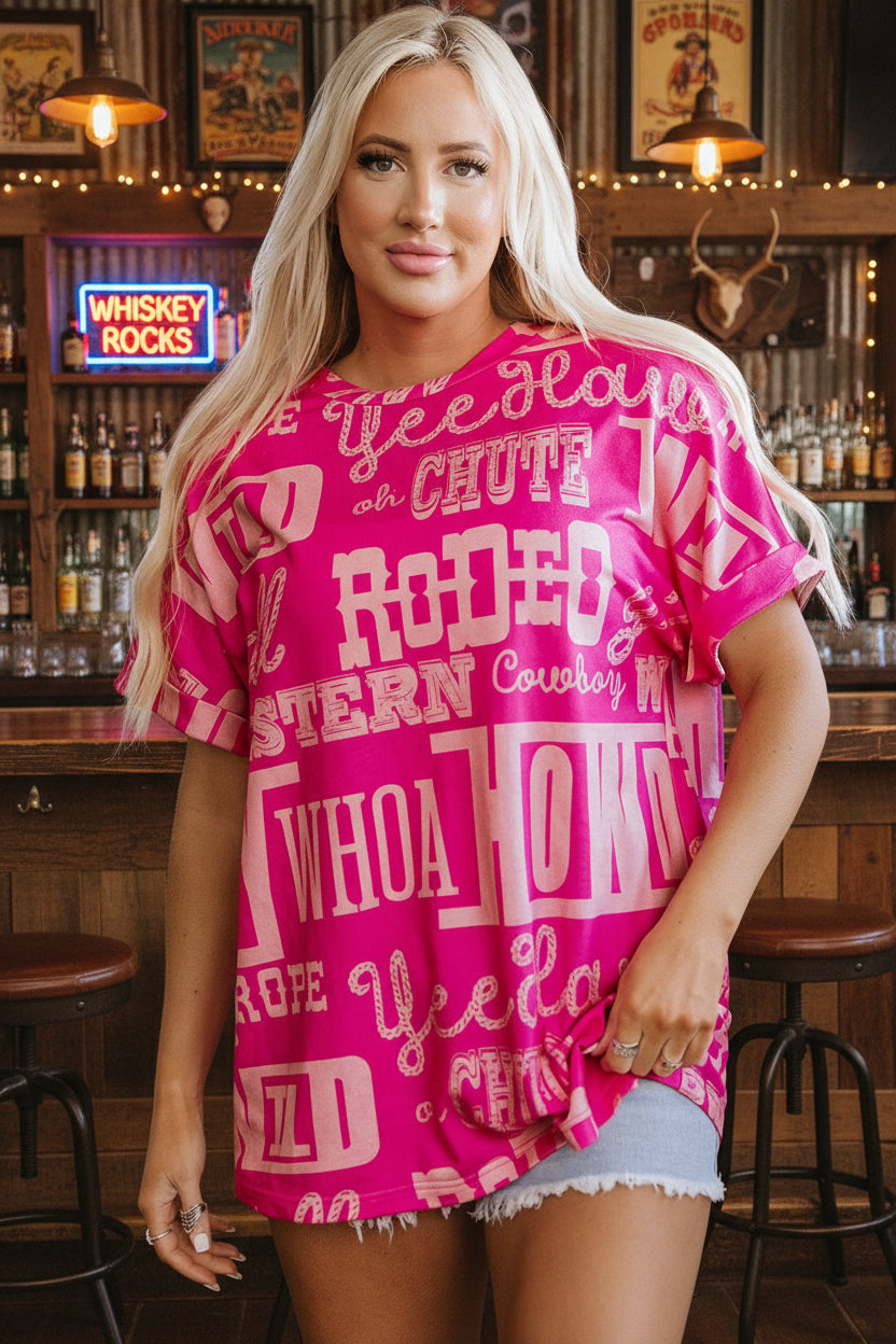 Rose Howdy Cowboy Letter Printed Western Fashion Tee
